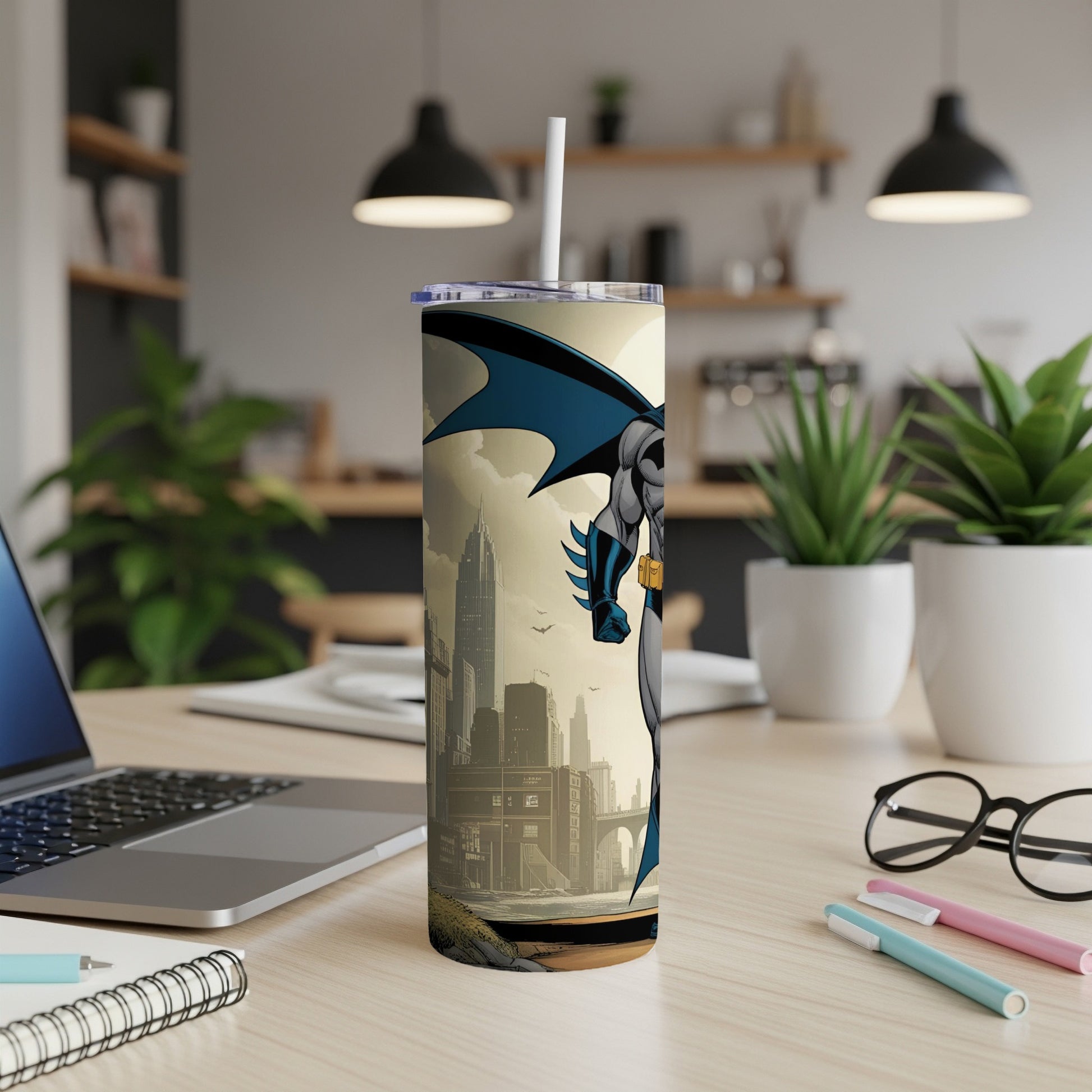 Batman character on a tumbler with a city skyline background.