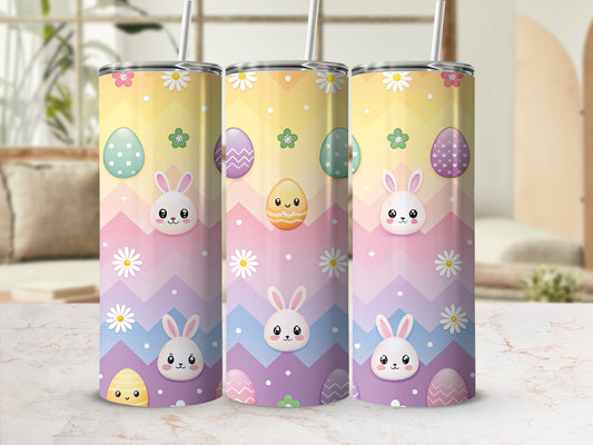 Three Easter-themed tumblers with bunnies, eggs, and flowers on a chevron background.
