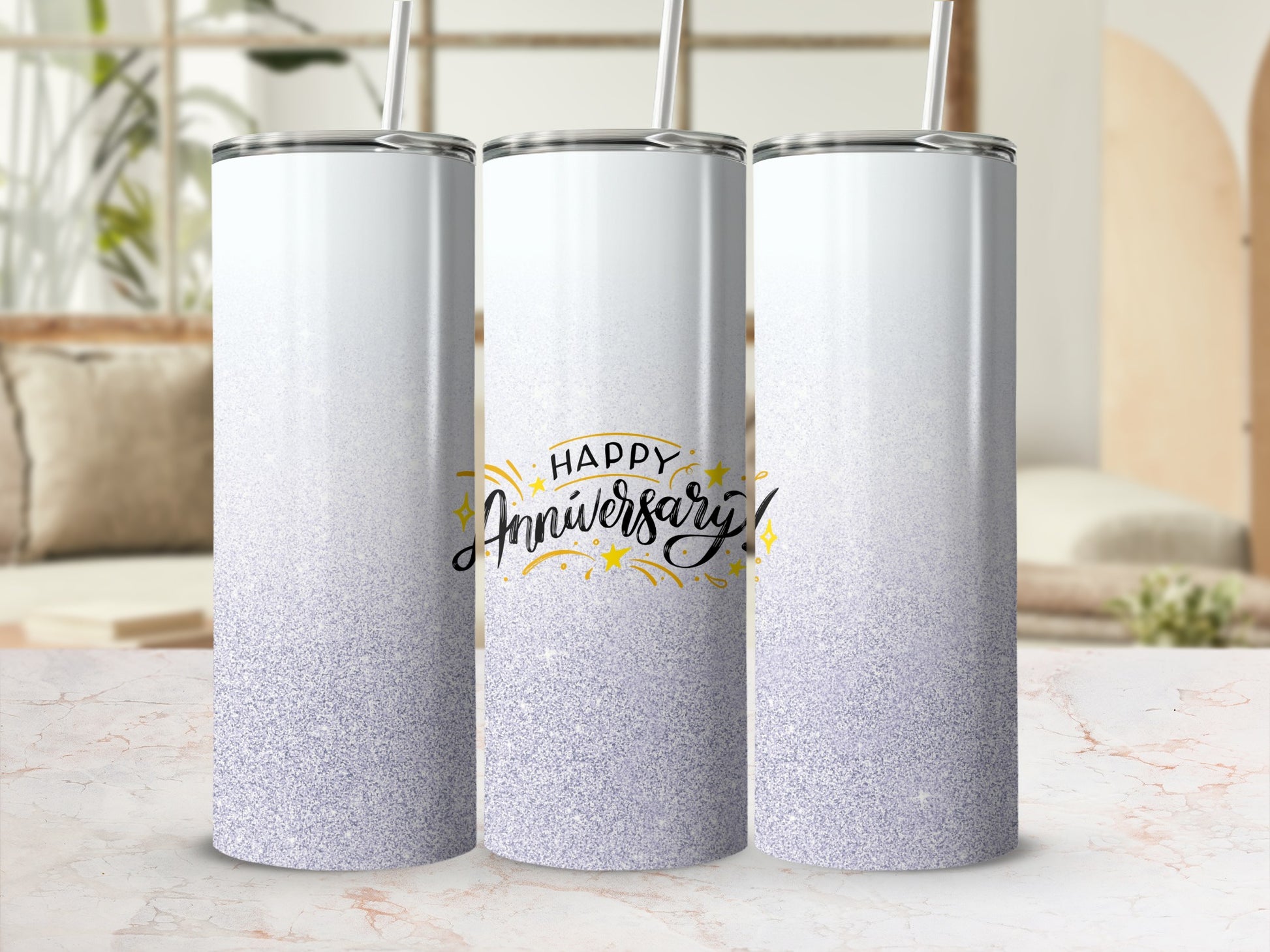 White tumbler with "Happy Anniversary" text and glitter gradient design.