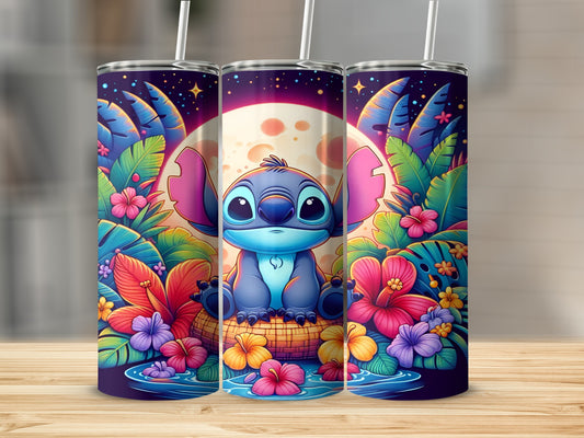 Stitch sitting in a basket with colorful tropical flowers and a large moon.