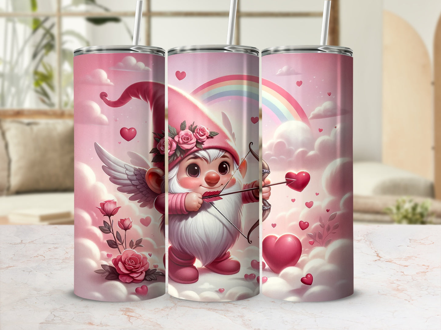 Adorable Cupid Gnome with Hearts and Rainbow Tumbler