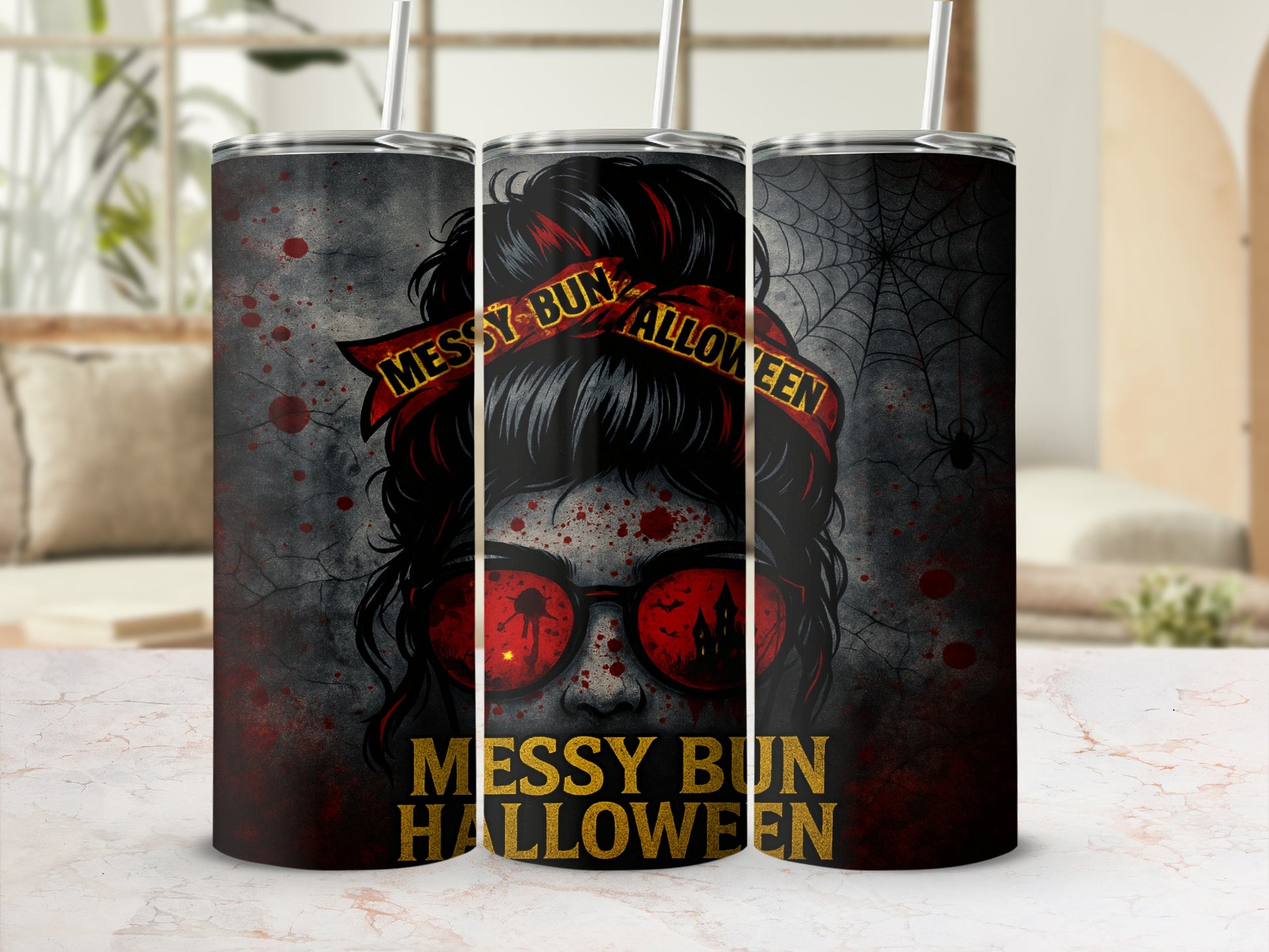 Tumbler with "Messy Bun Halloween" text, spooky sunglasses, and a dark, bloody background.