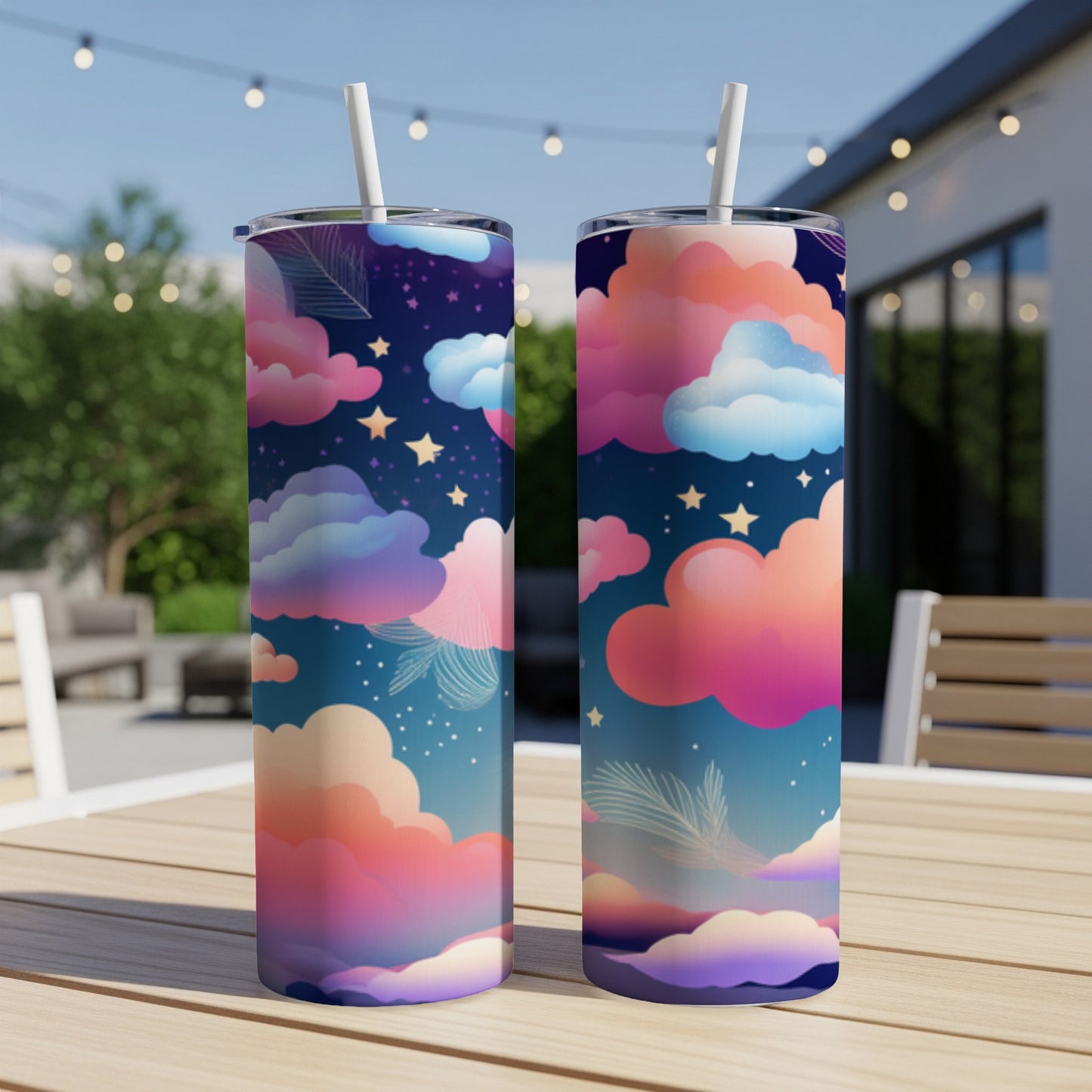 Two tall tumblers with a colorful starry night sky and cloud design.