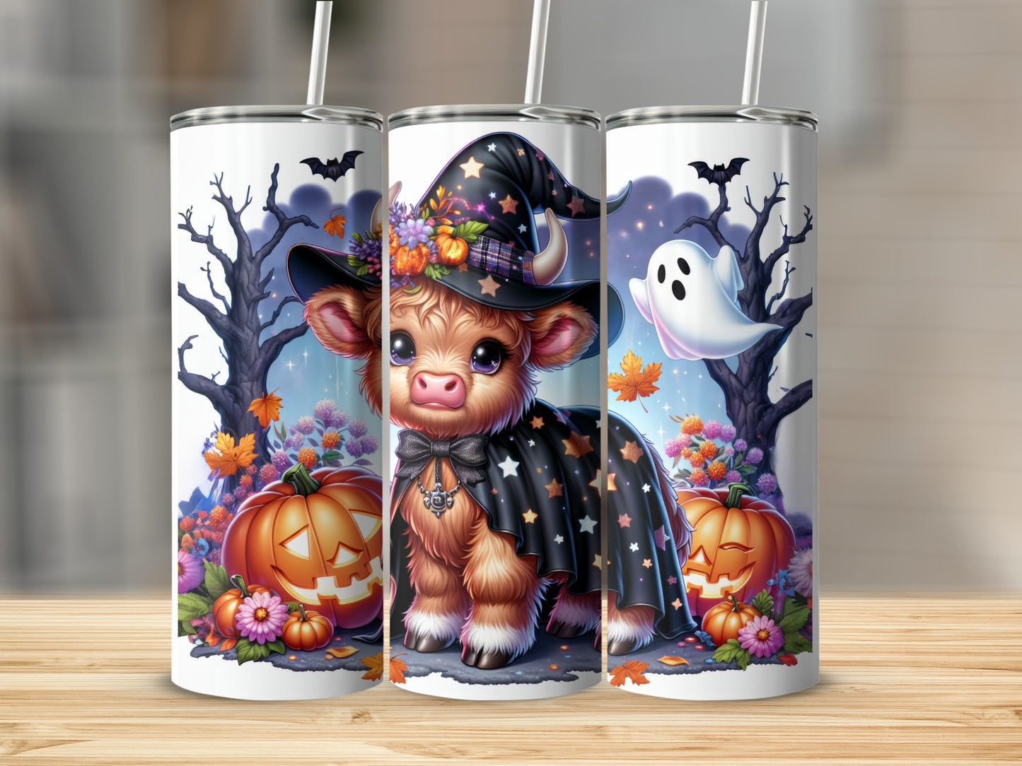 Cow wearing witch hat and cape with pumpkins and ghost.