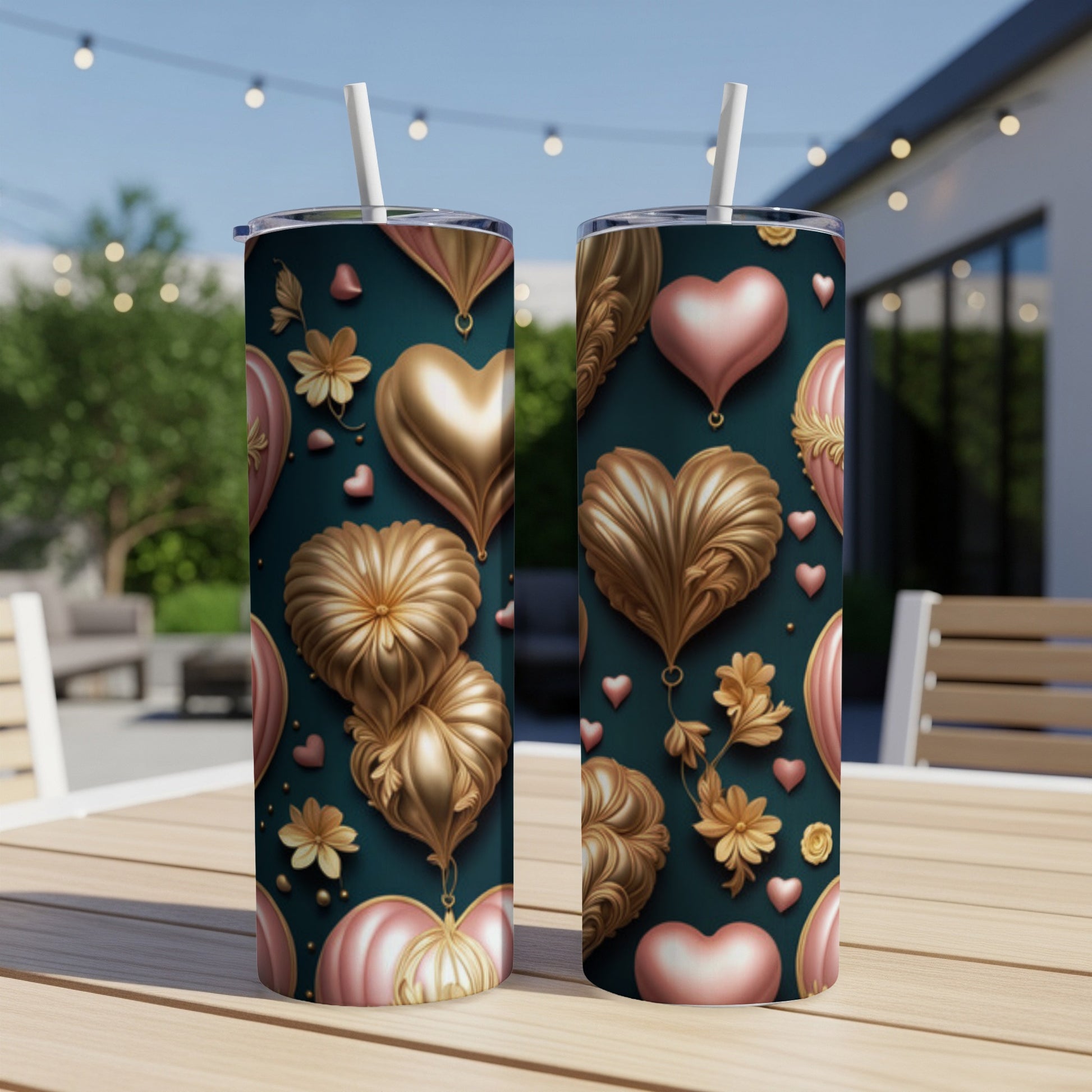 Two tall tumblers with gold and pink heart patterns on a table.