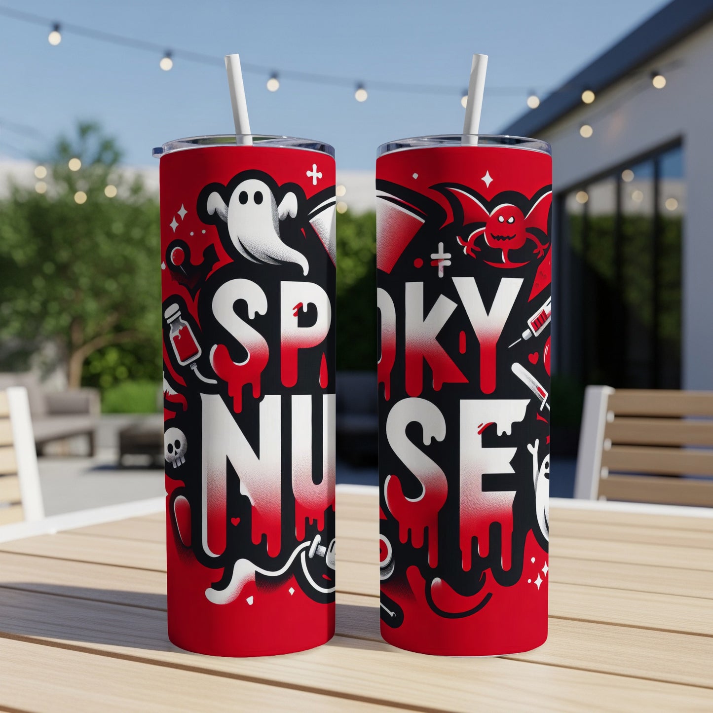 Red and white "Spooky Nurse" tumbler with Halloween-themed illustrations.
