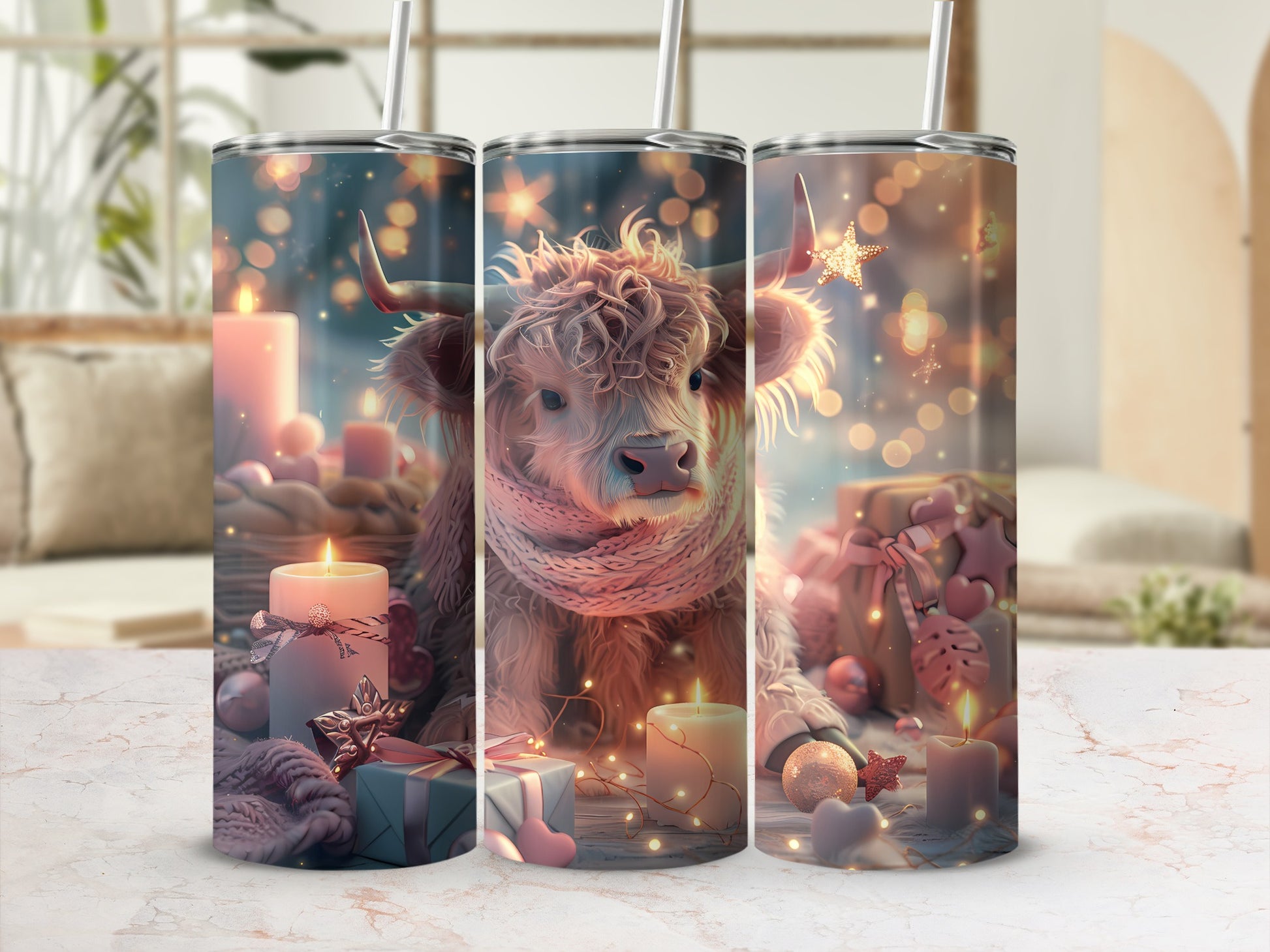 Fluffy cow with scarf wrapped in festive lights and candles.