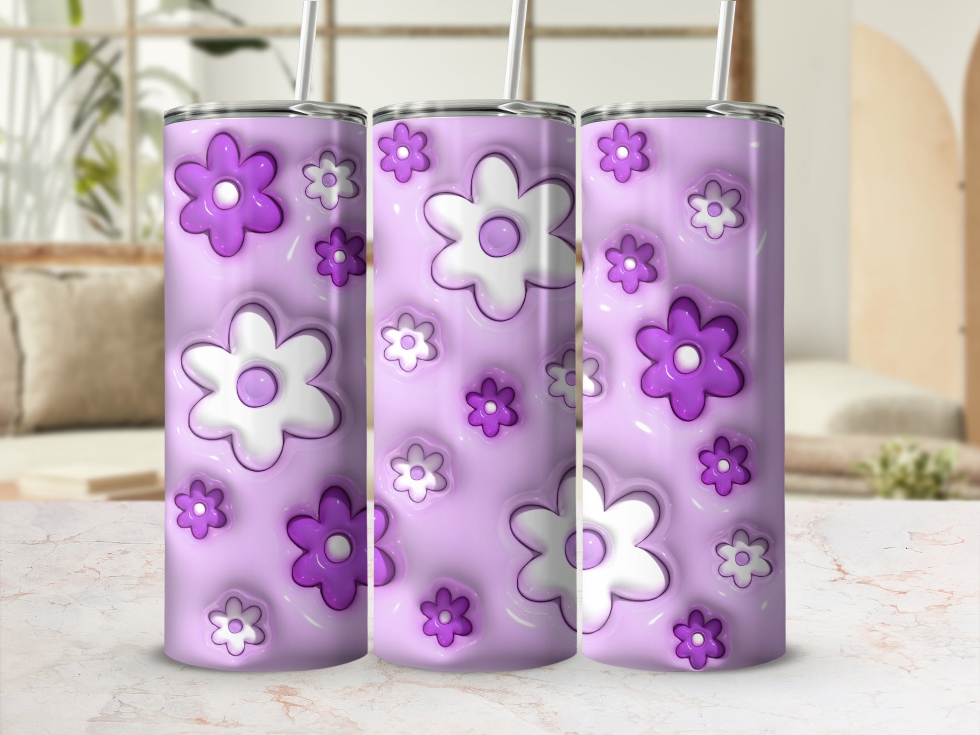 Purple Floral Blossom Patterned Tumbler Drinkware