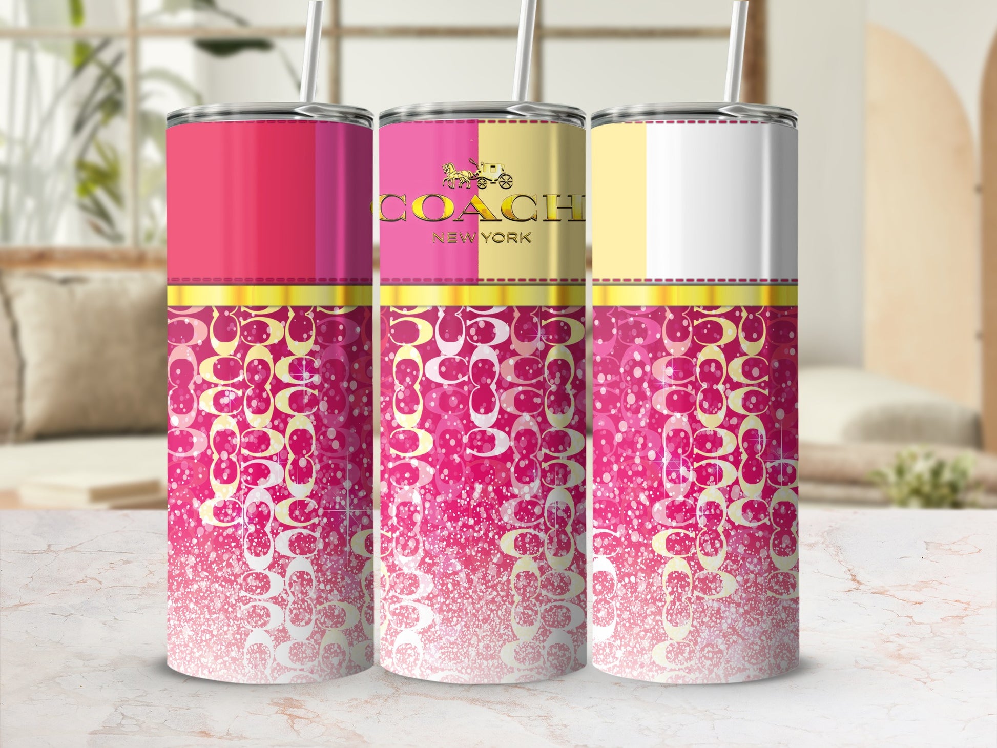 Three tumblers with Coach logo, pink, yellow, and white sections, and patterned base.