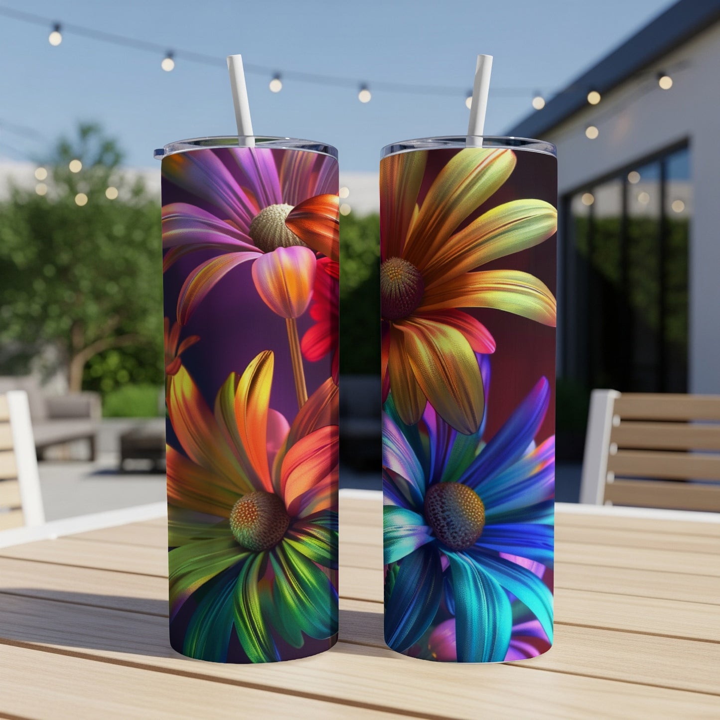 Two colorful abstract floral tumblers with straws on a table.