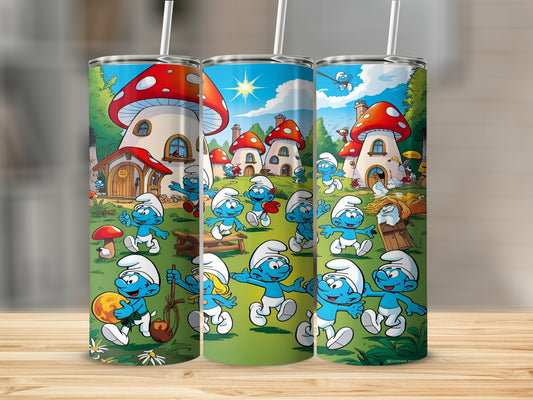 Smurfs cartoon characters playing outside mushroom houses on a sunny day.