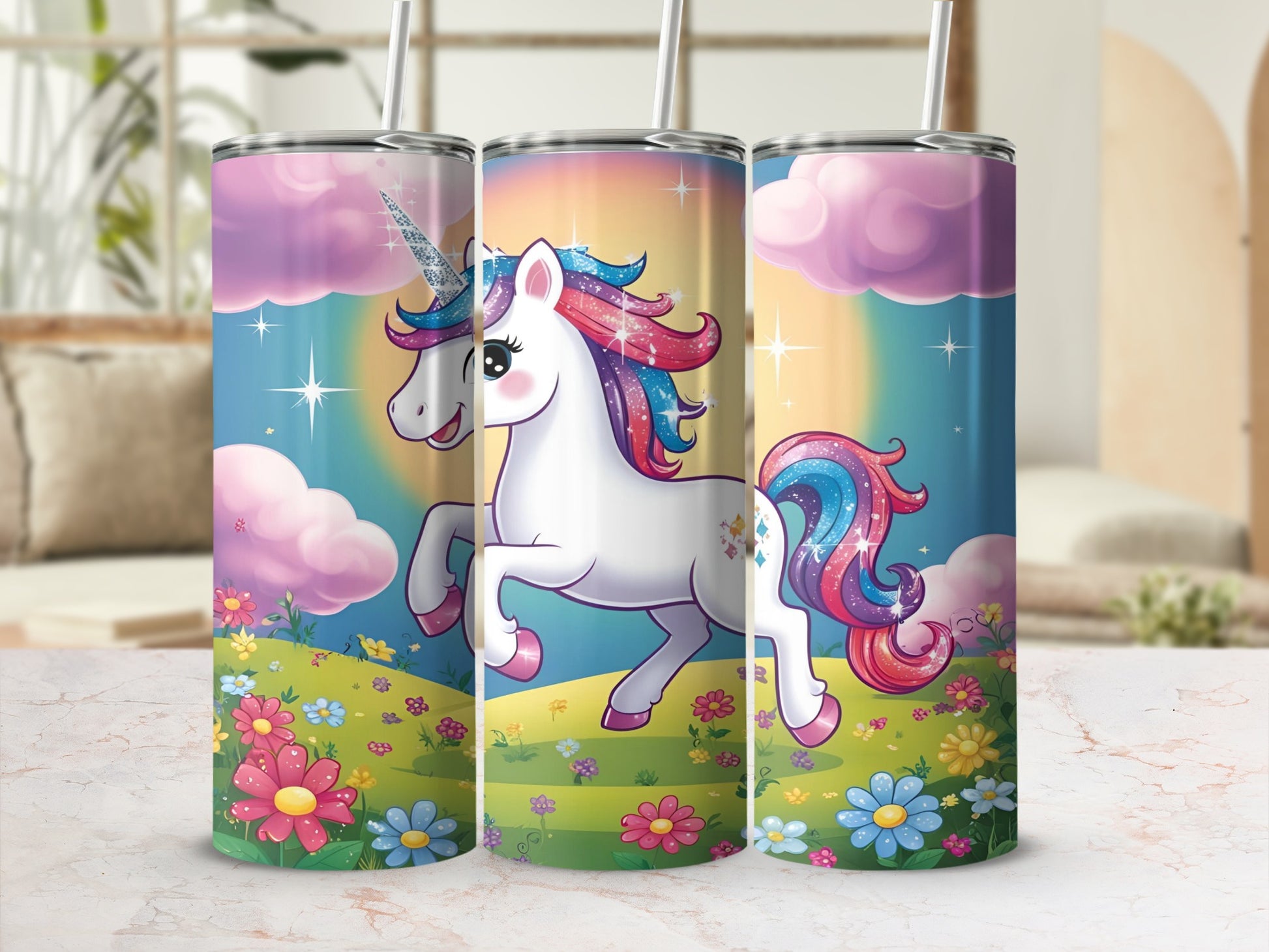 White unicorn with rainbow mane and tail prances in a meadow.