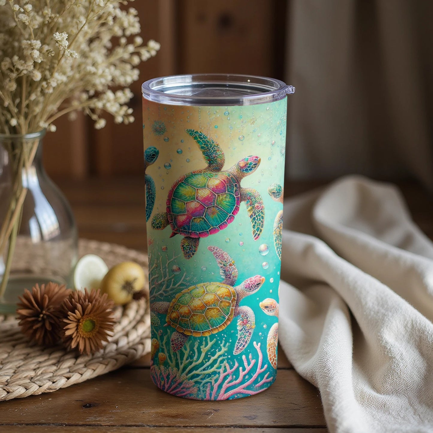 Colorful Sea Turtle Design Insulated Tumbler Cup