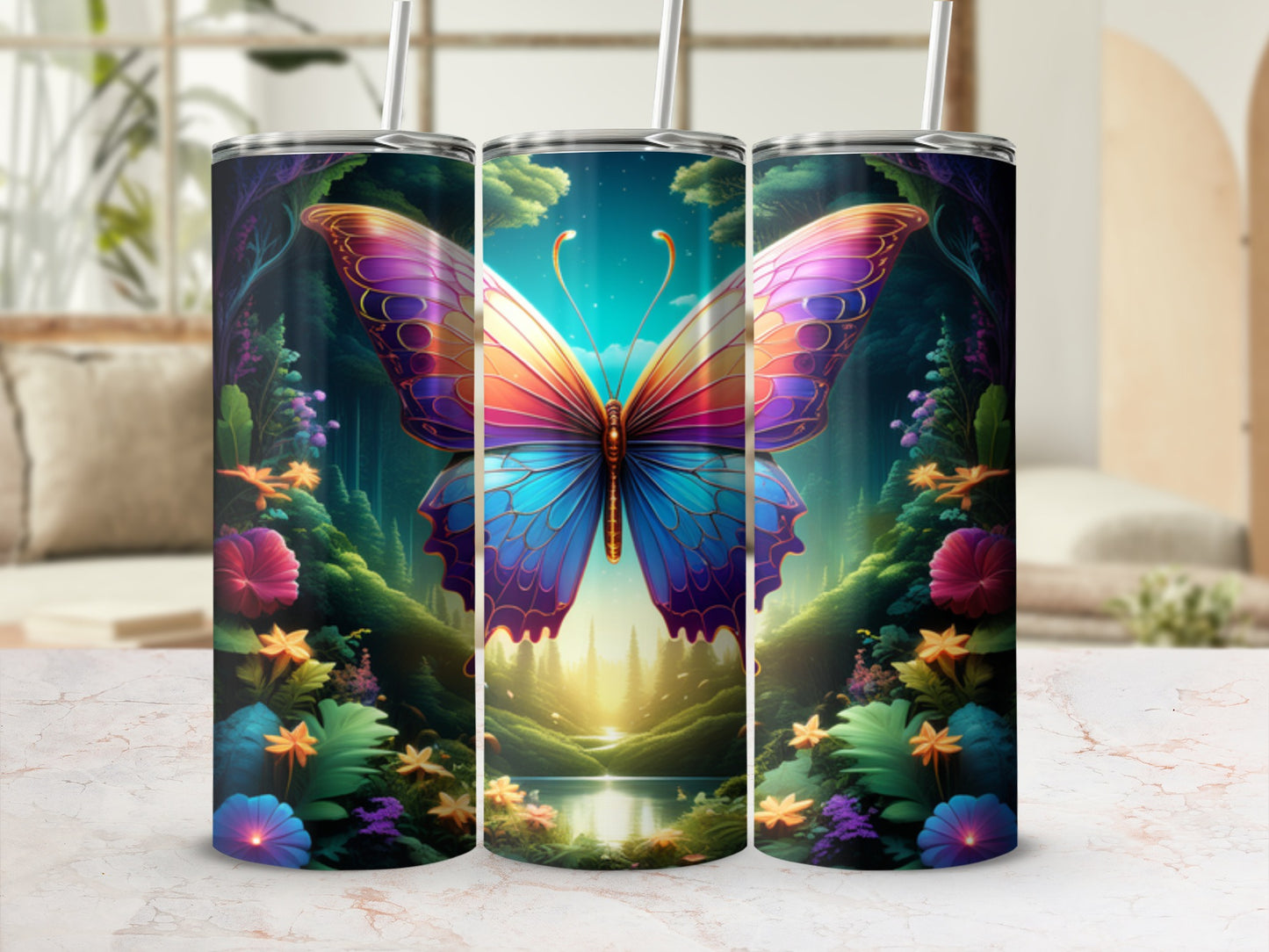 Colorful butterfly and floral forest scene on a tumbler.