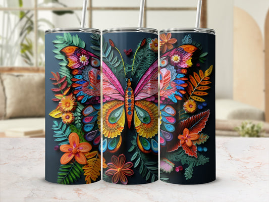Dark navy tumbler with a colorful butterfly and floral design.