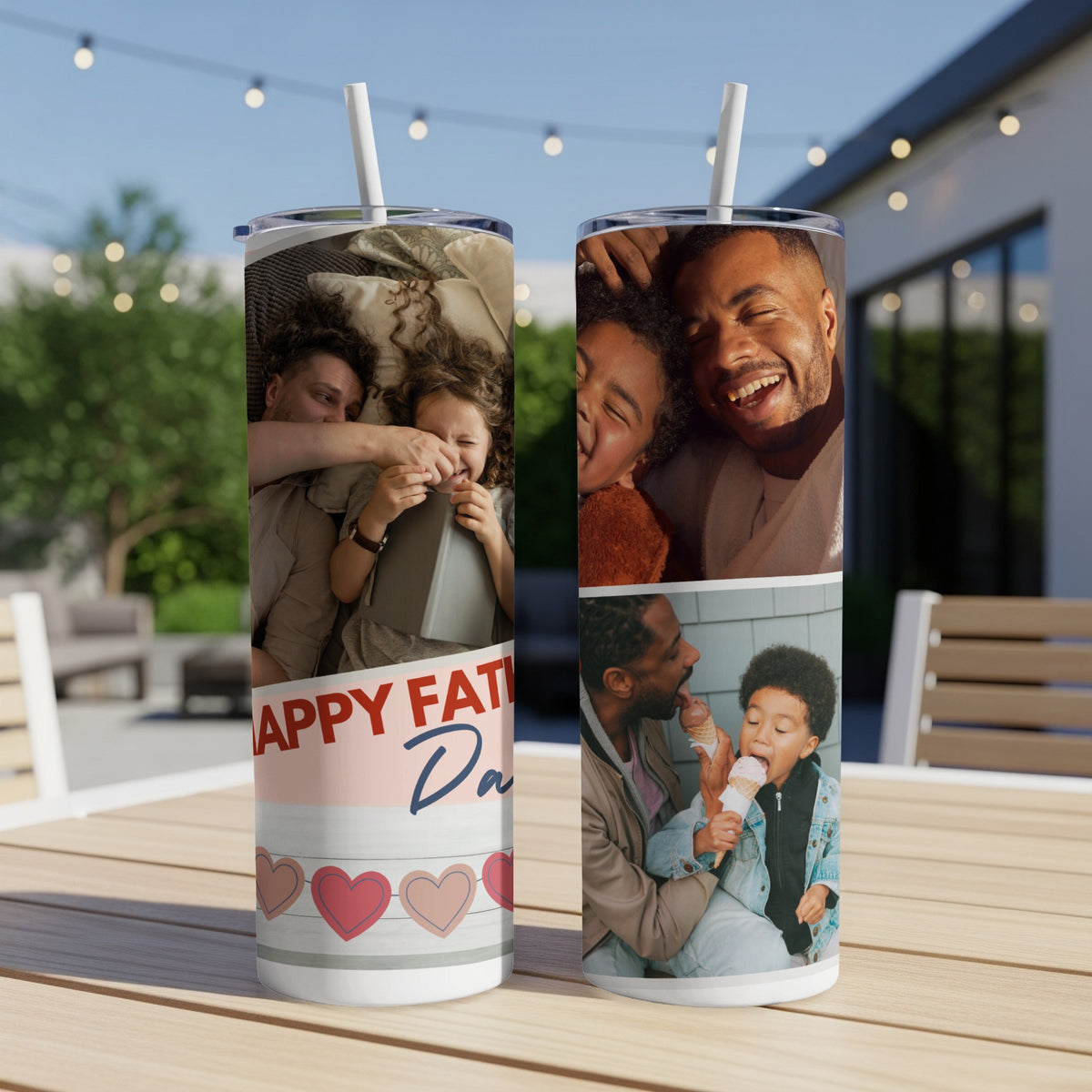 Tumblers with custom photos and "Happy Father's Day" text.