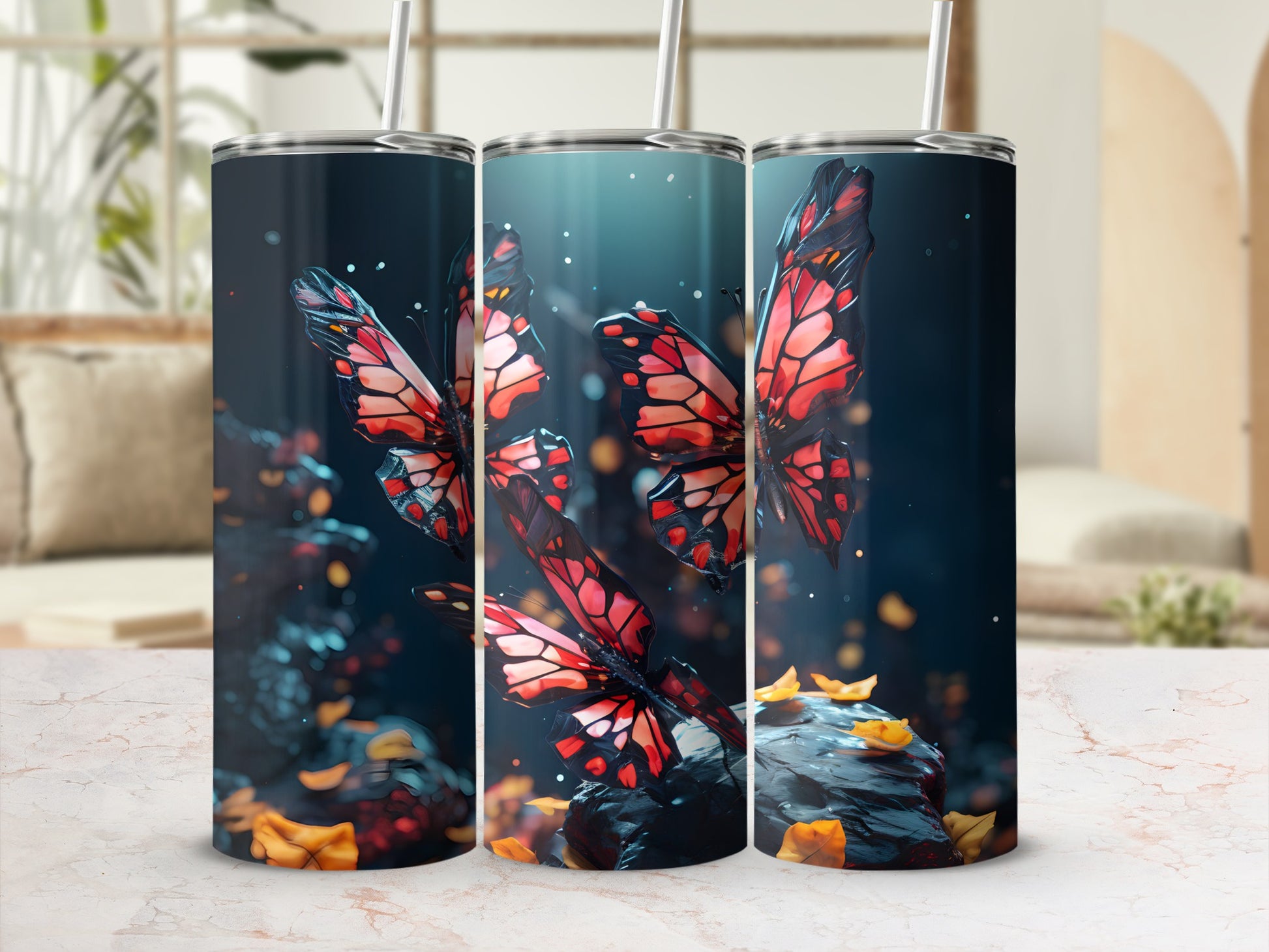 Three tumblers feature glowing butterflies against a dark, leafy background.