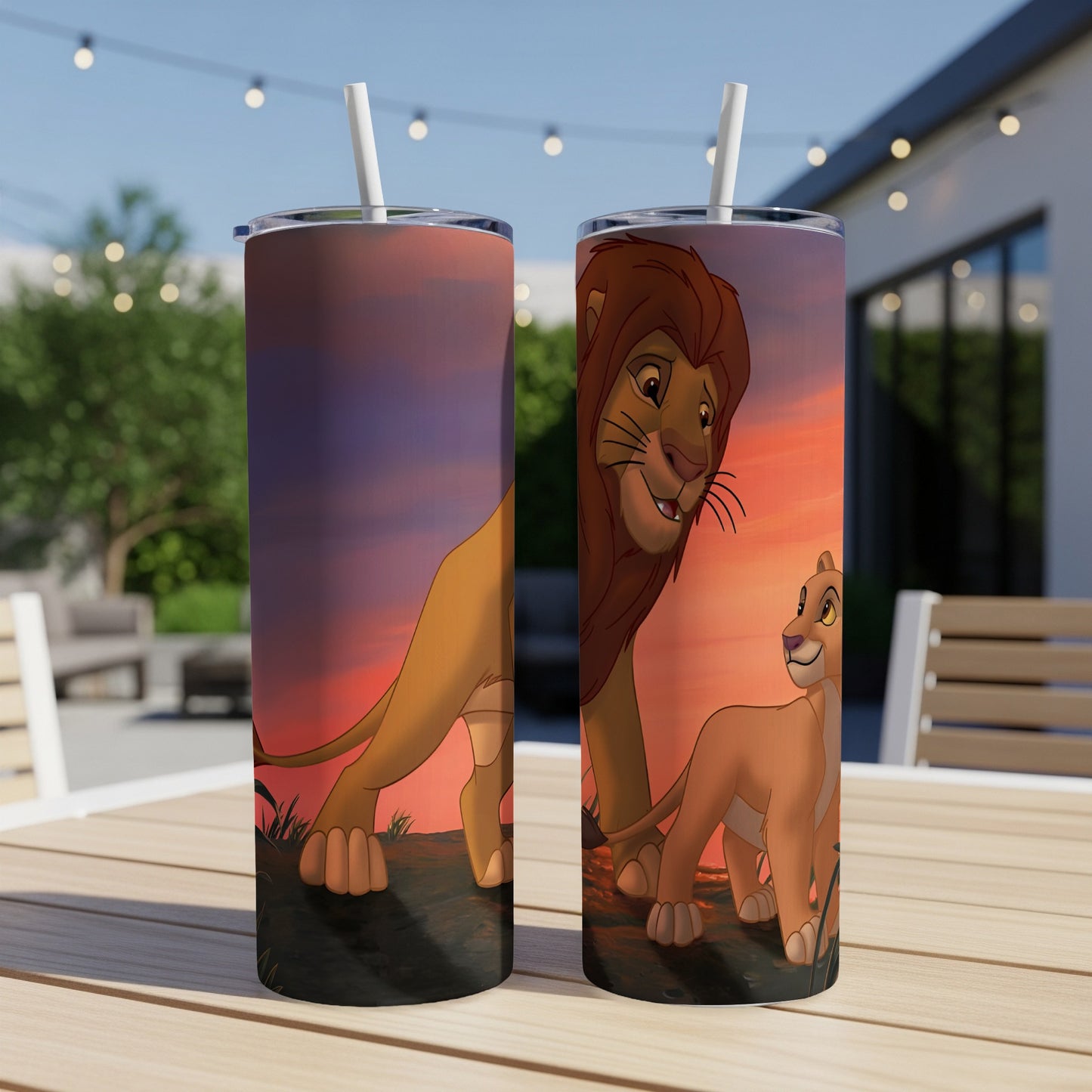 Simba and Nala from The Lion King on a sunset background.