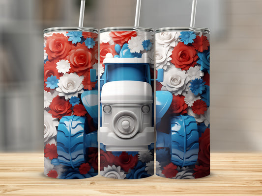 Tractor artwork on three insulated tumblers with red, white, and blue floral accents.