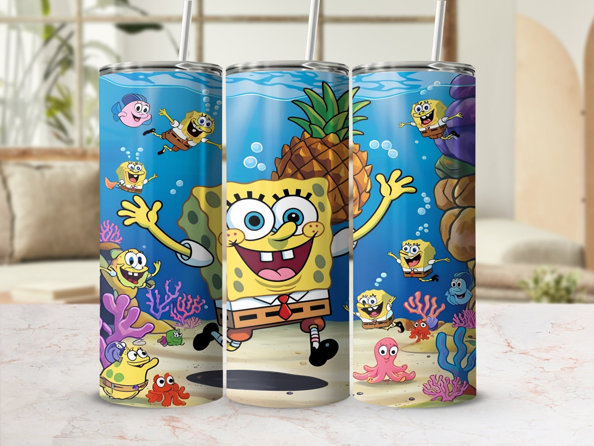 SpongeBob SquarePants and friends swim in a vibrant underwater scene with a pineapple.