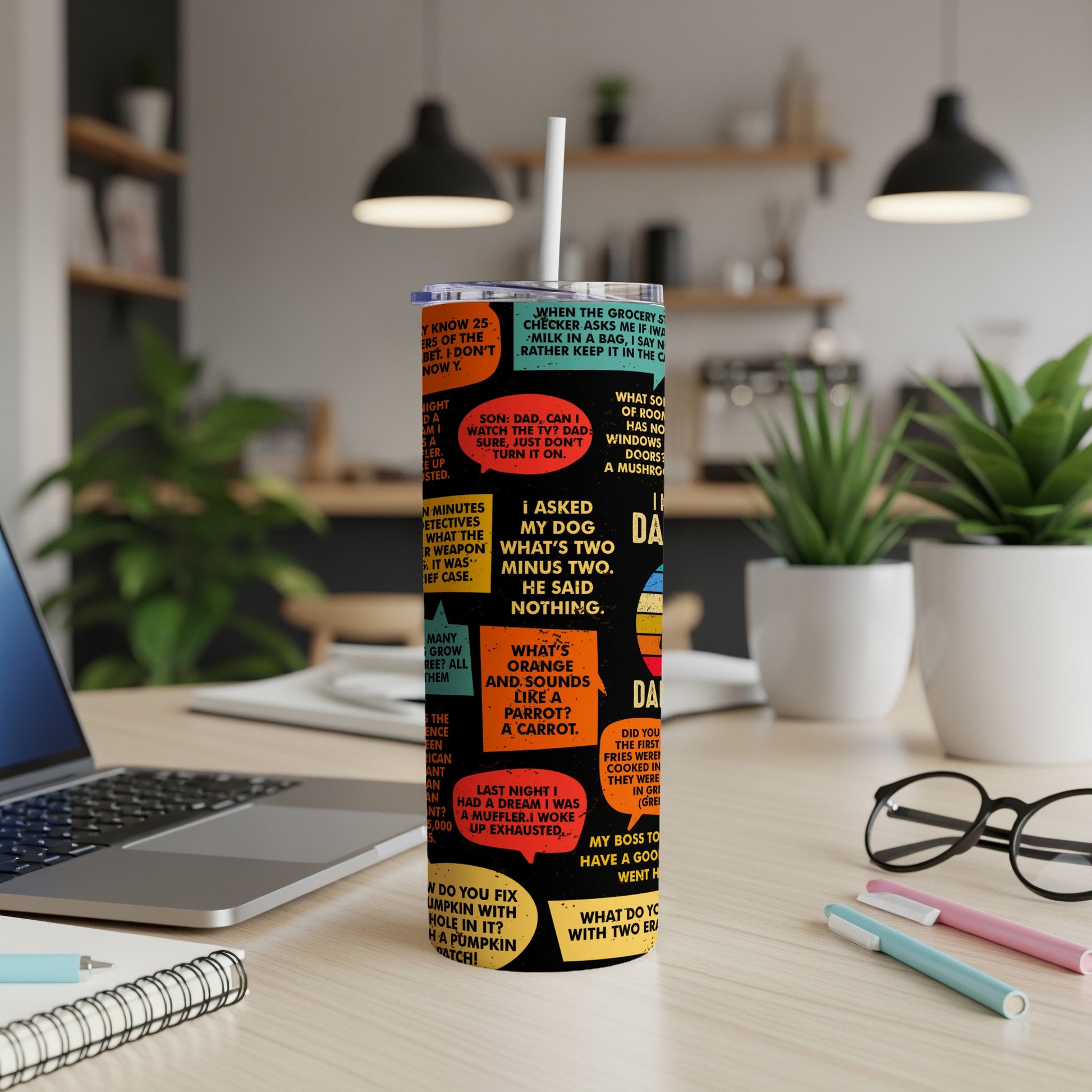 Tumbler with speech bubbles containing jokes and punchlines.