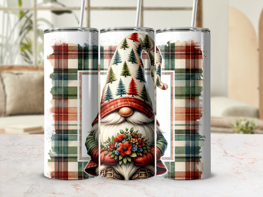 Gnome with evergreen trees on hat, holding flowers, on plaid background.