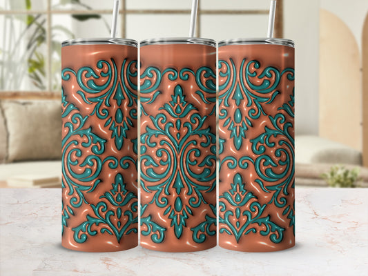 Three coral tumblers with ornate teal scrolling patterns.