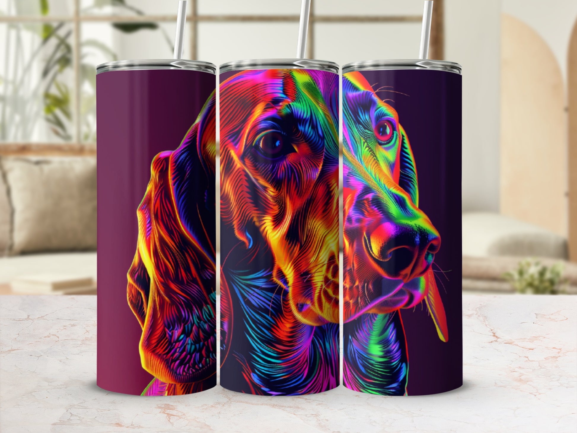 Colorful abstract dog portrait on three stainless steel tumblers.
