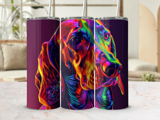 Colorful abstract dog portrait on three stainless steel tumblers.