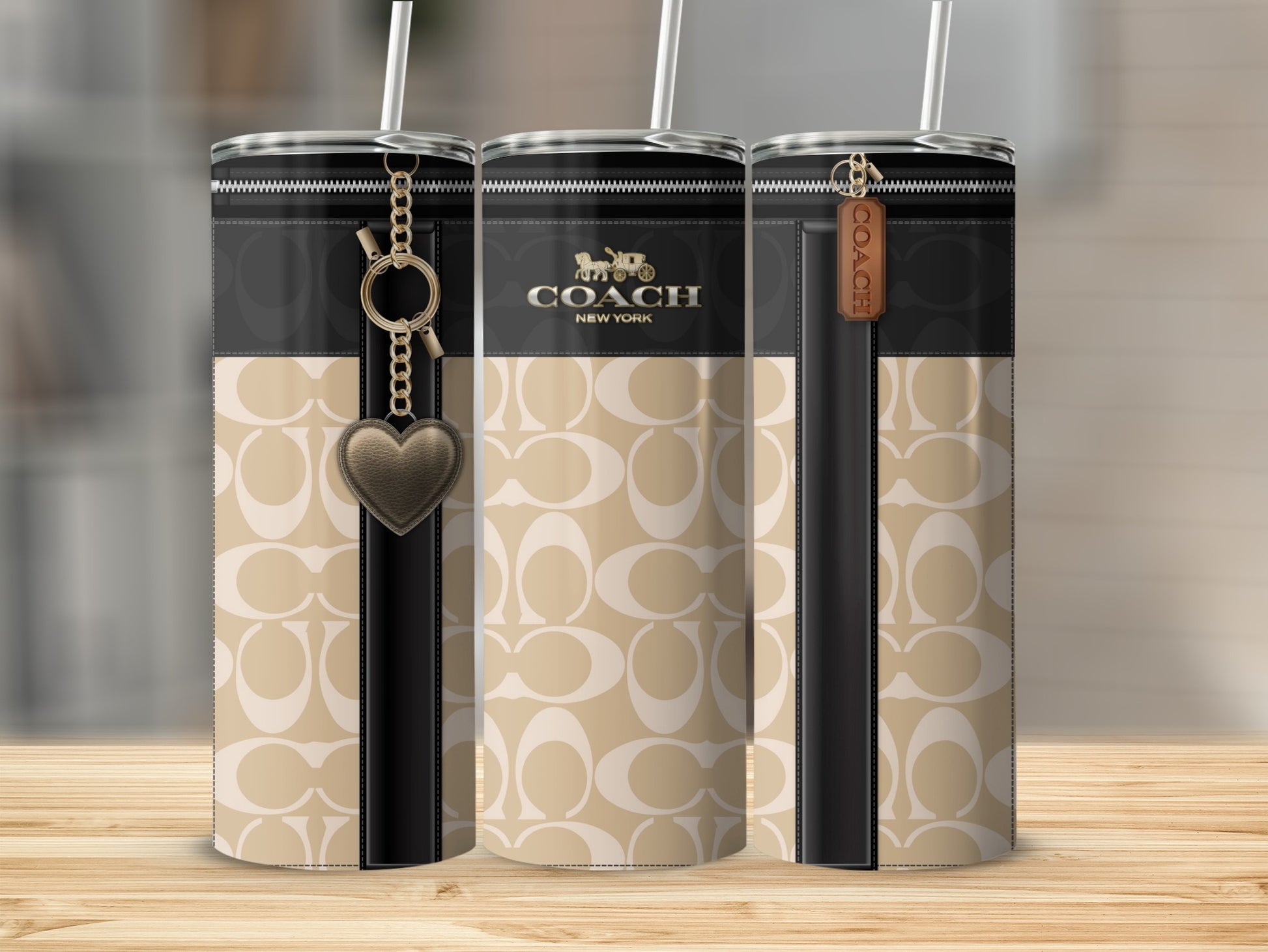 Stylish beige and black Coach New York tumbler