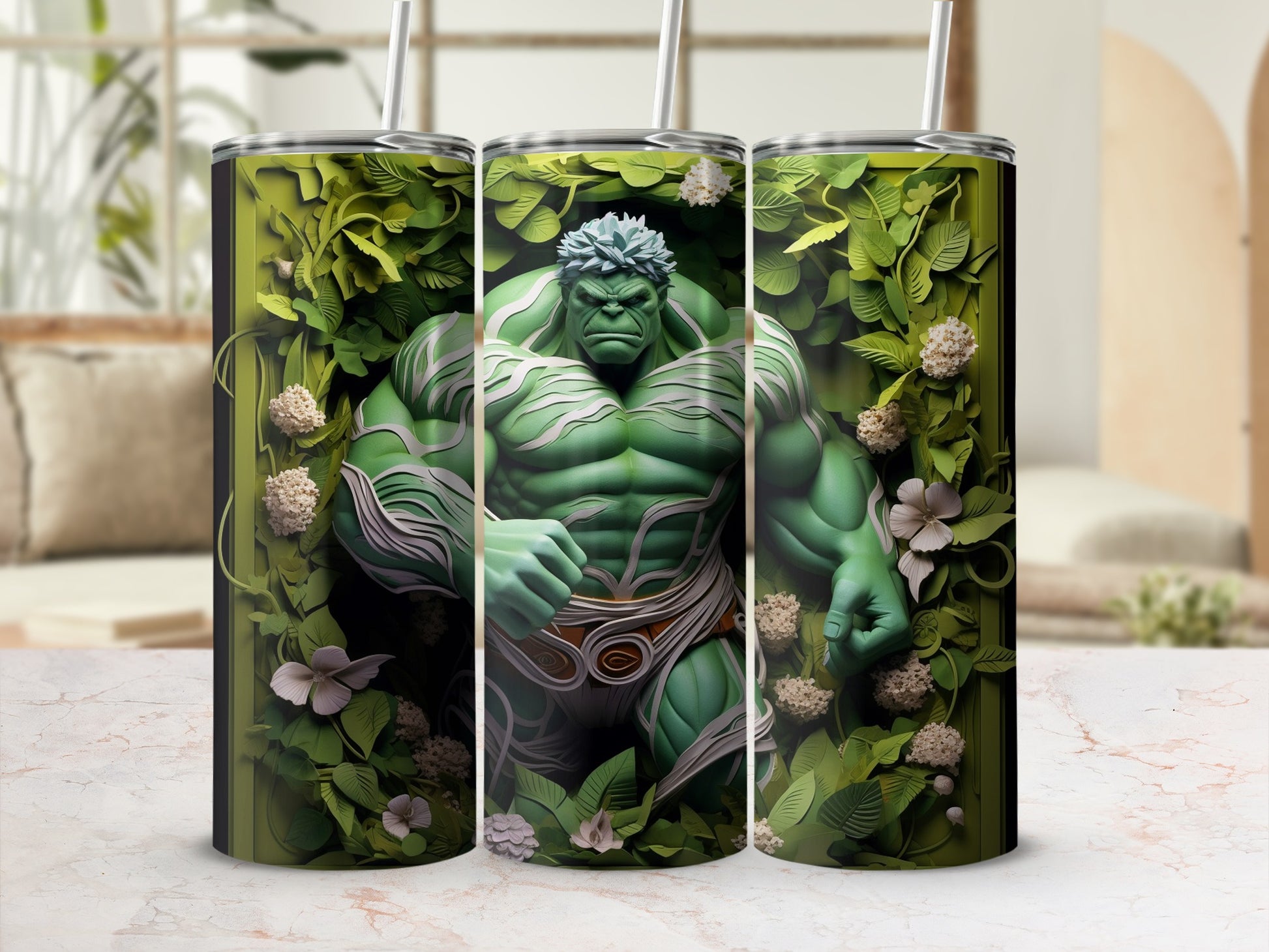 Hulk Inspired Art Green Floral Design Tumbler