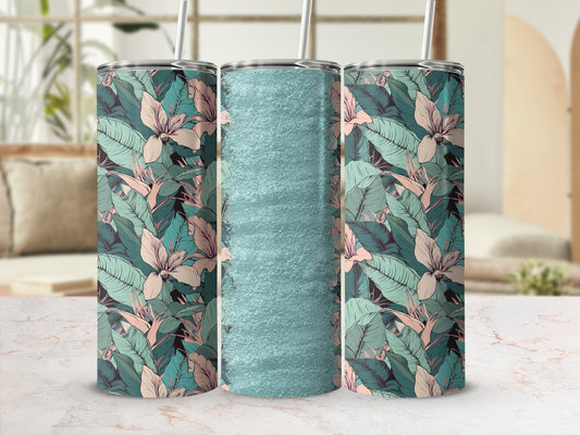 Three tumblers with a floral pattern and a textured blue tumbler.