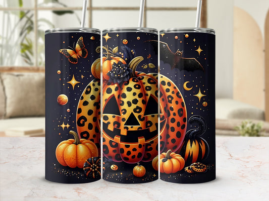 Halloween tumblers featuring pumpkins, bats, butterflies, and stars on a dark background.