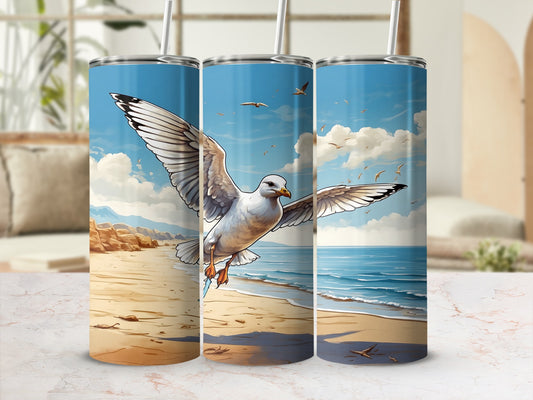 Seagull in flight over a beach and ocean, part of a three-panel design.
