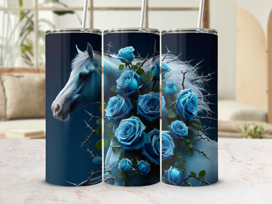 Blue horse with roses and thorns design on a dark blue tumbler.