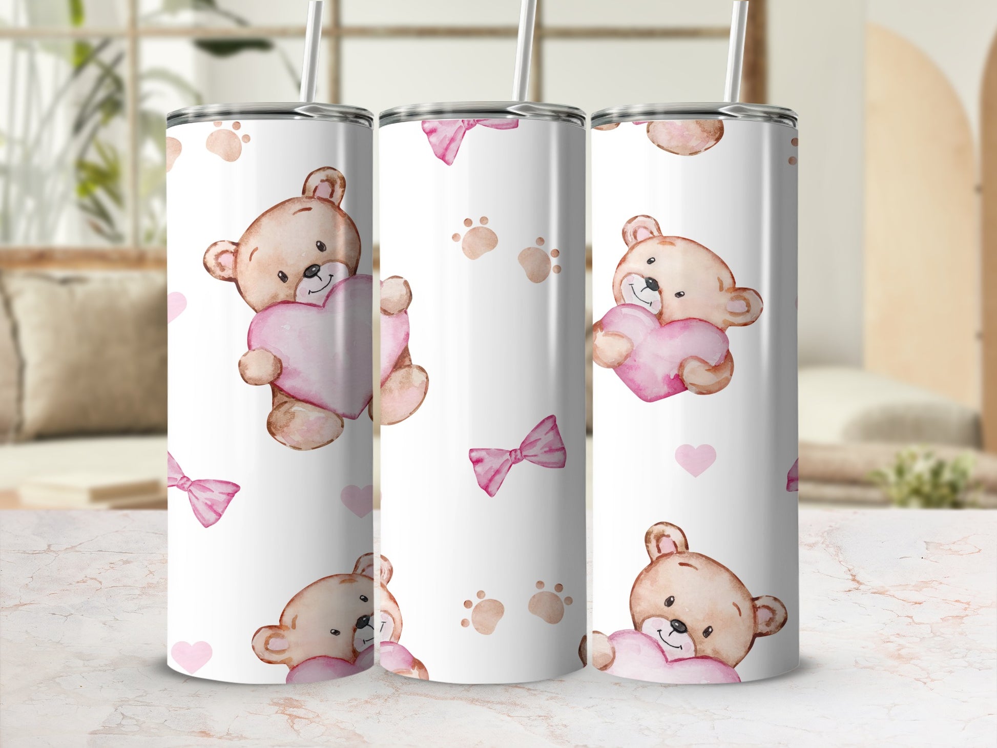 Cute Teddy Bear and Bow Patterned Beverage Tumbler
