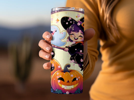 Cute Witch and Pumpkin Halloween Themed Tumbler Product