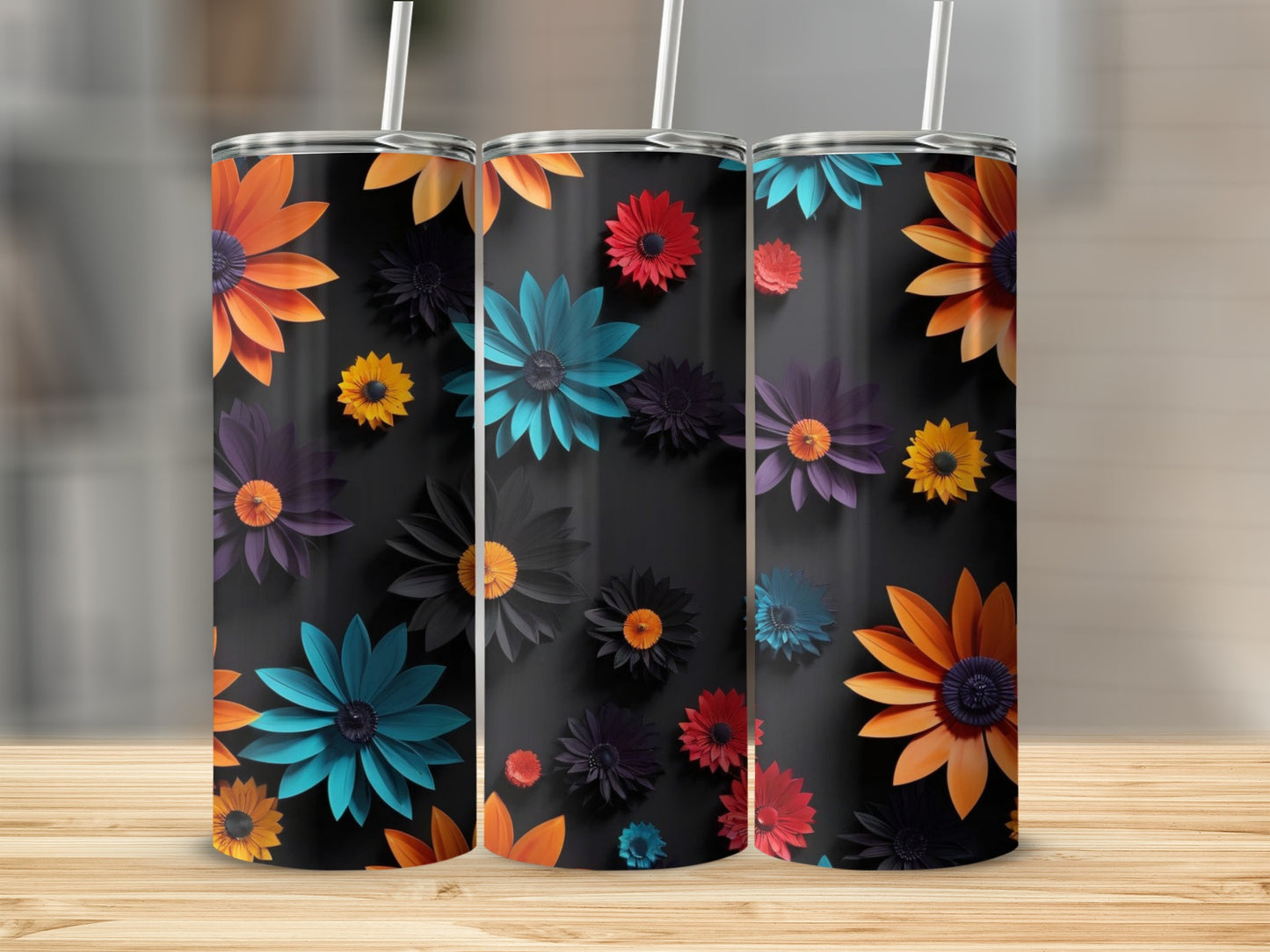 Three floral tumblers with black background and colorful paper flowers.