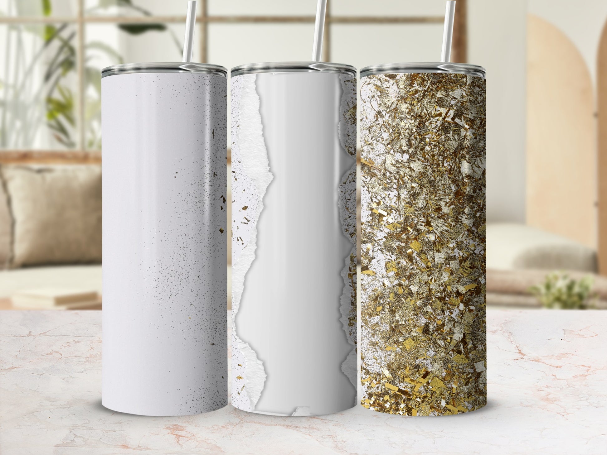 Three blank white tumblers with textured designs, one with gold flakes.