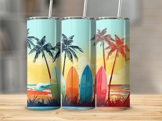 Tropical Beach Scene with Surfboards Tumbler