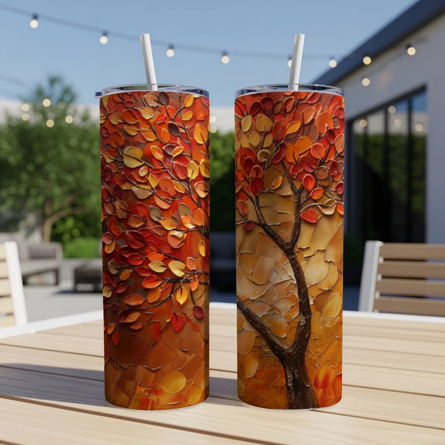 Two tumblers featuring an abstract, textured autumn tree with red and orange leaves.