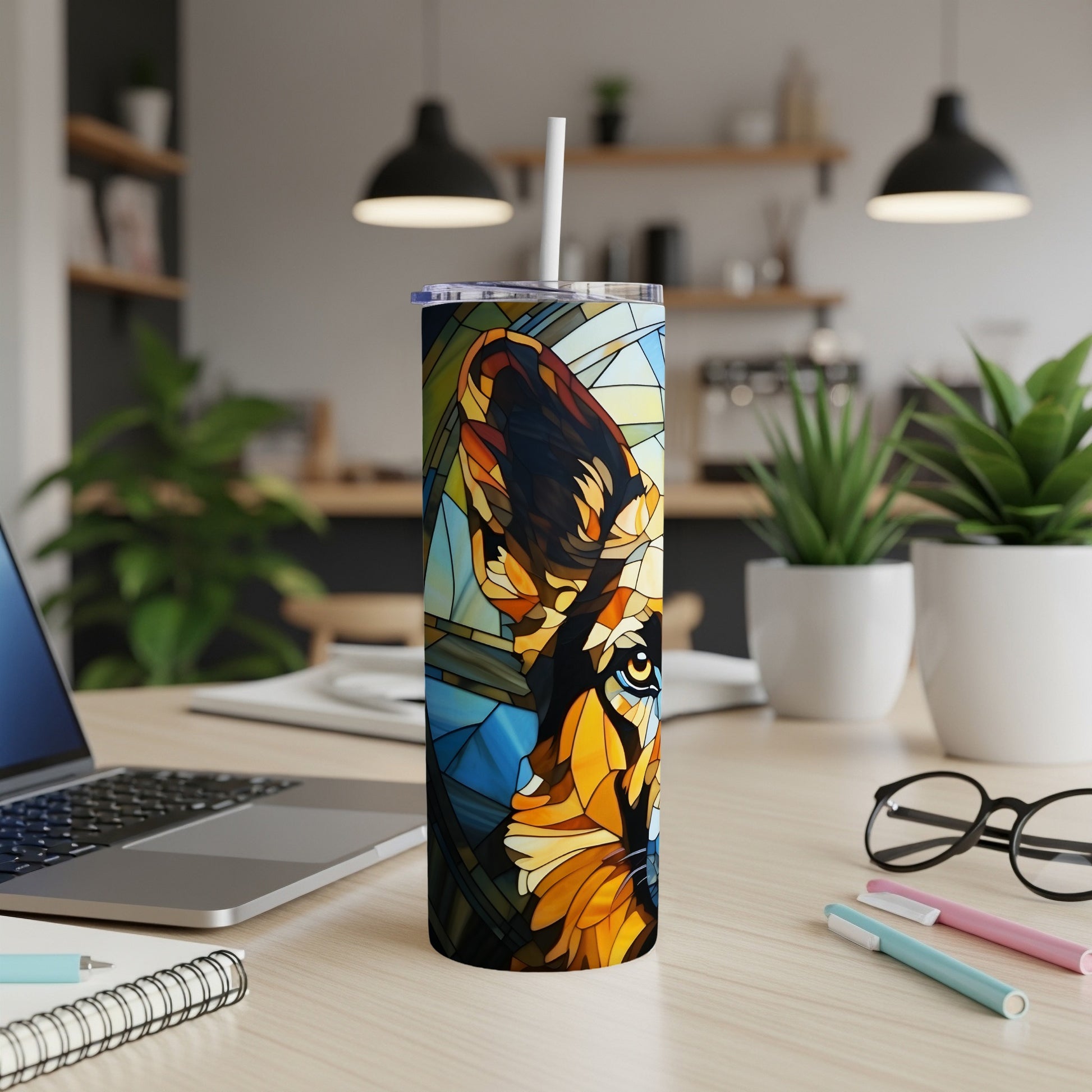 German Shepherd stained glass design on a white insulated tumbler.