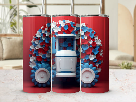Red patriotic tumbler with floral tractor design and straw.