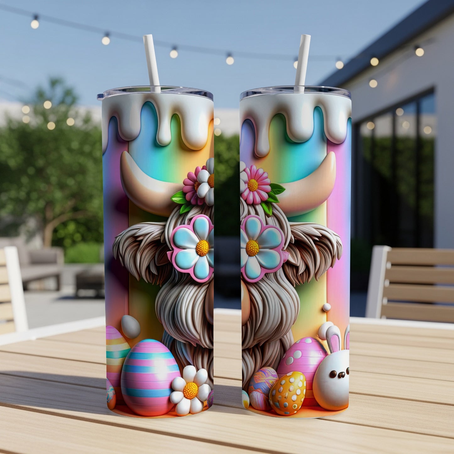 Easter Highland cow tumbler with colorful eggs and flowers.