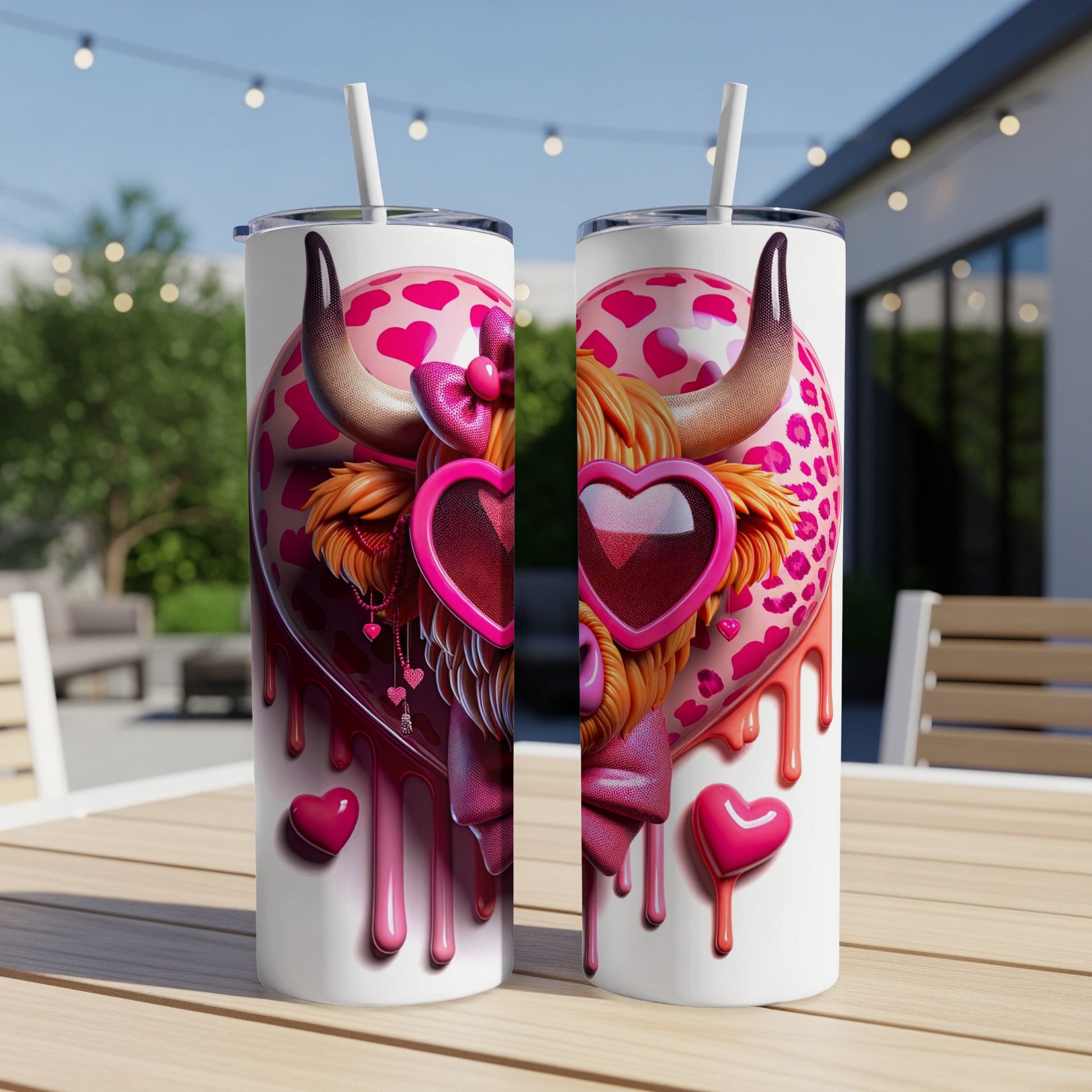 Pink heart-patterned tumbler with bull horns and heart-shaped sunglasses.