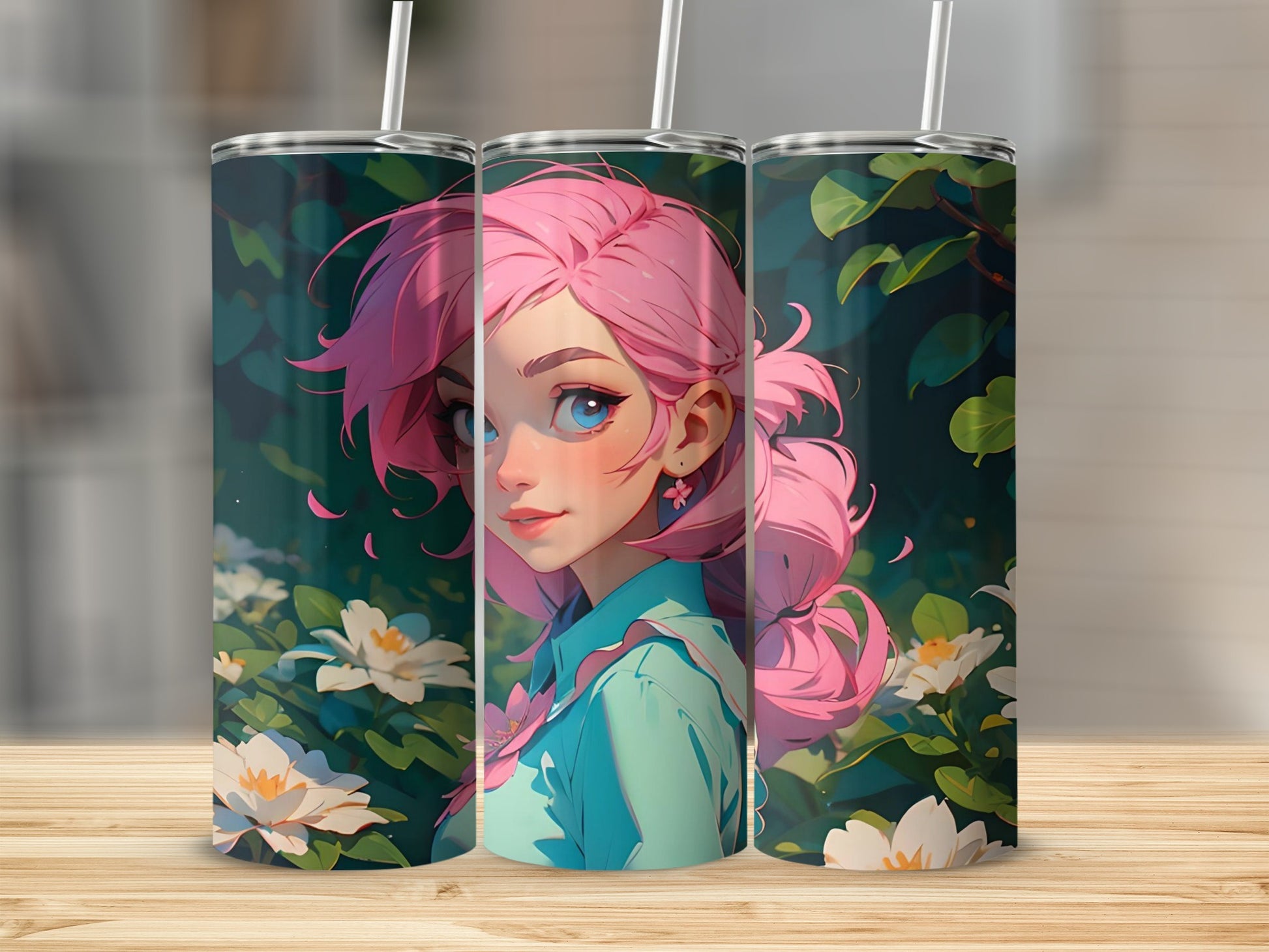 Stylish Pink-Haired Character Floral Art Tumbler
