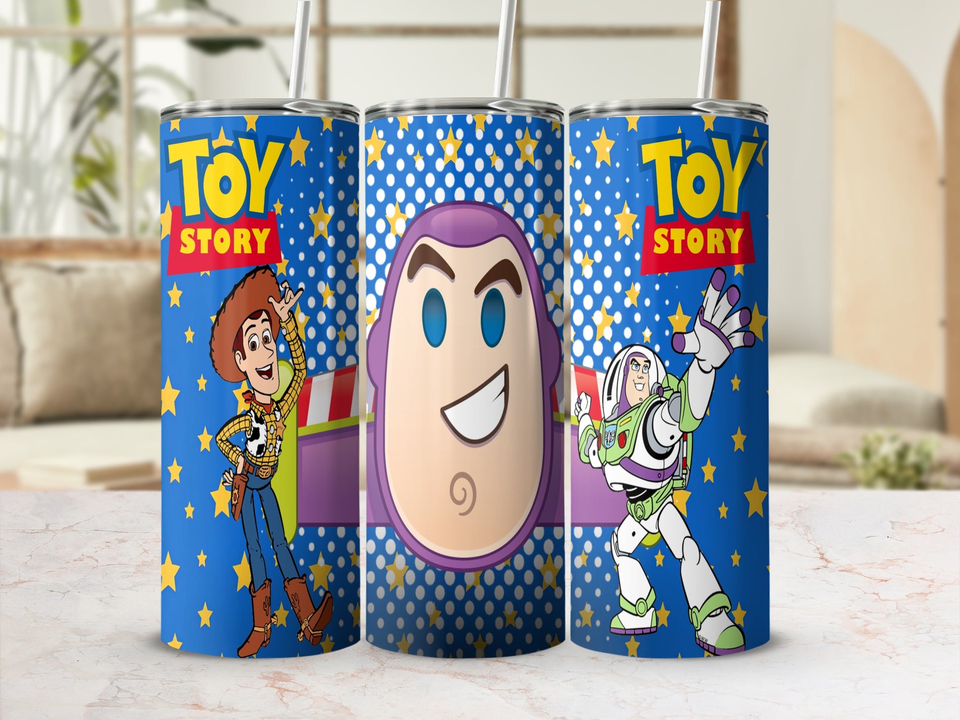 Toy Story characters Woody and Buzz Lightyear on a blue starry tumbler.