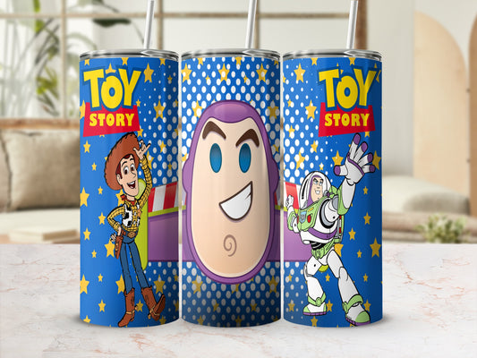 Toy Story characters Woody and Buzz Lightyear on a blue starry tumbler.