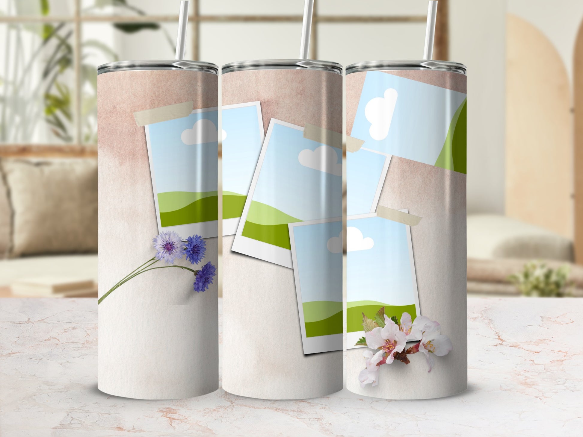 Tumblers with taped photo frames of landscapes and delicate floral accents.