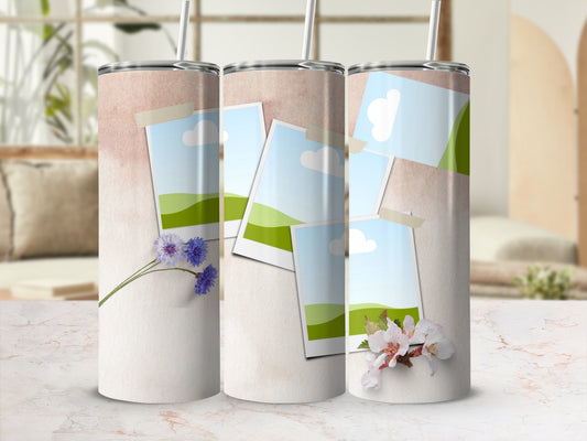 Tumblers with taped photo frames of landscapes and delicate floral accents.